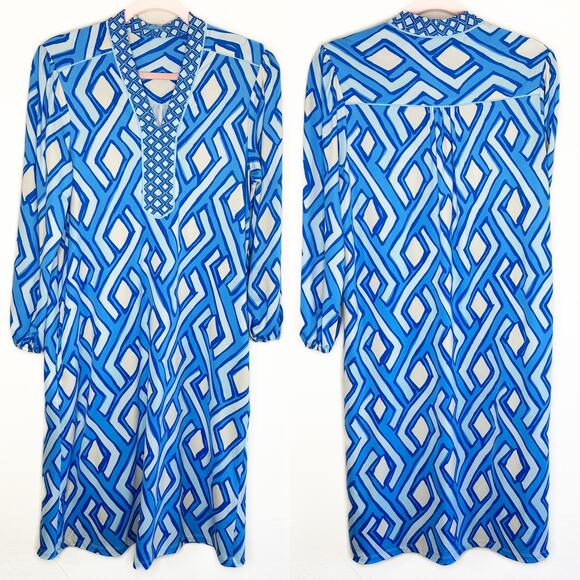 J McLaughlin Emer Long Sleeve Blue White Vilhada Souk Geometric Print Mini Dress - Picture 3 of 16